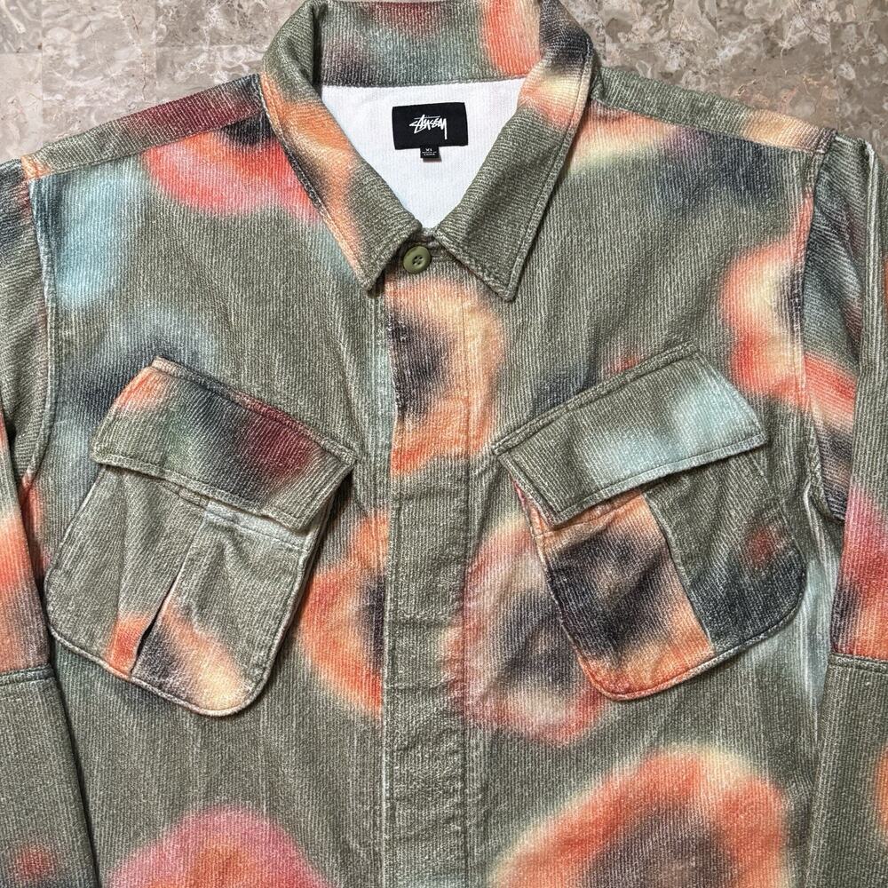 Stussy Velveteen Jungle Shirt Mens XL Green Floral Paisley Military Cotton